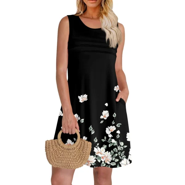 Women Summer Dresses CrewNeck Pleated Front Tank Sleeveless Pockets Sundress - Image 11