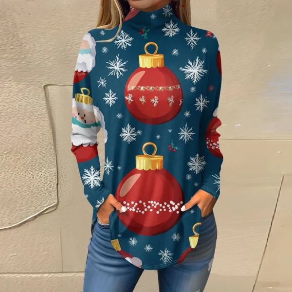 Women's Casual Pullover High Neck Christmas Long Sleeve Printed Fashion T-Shirt - Image 31