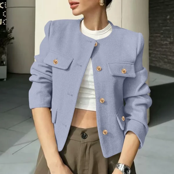 Women's Solid Color Round Neck Fashionable Button Decorated Short Jaket - Image 34