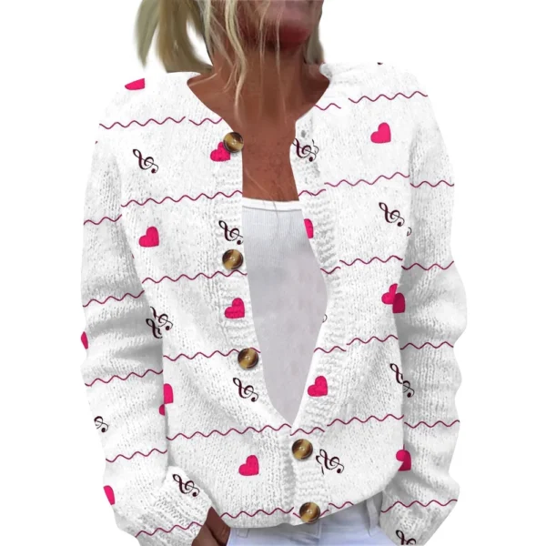 Women's Fashion Printed Valentine's Day Long Sleeved Knitted Cardigan Button - Image 29