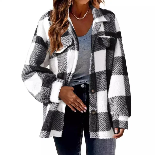 Pocket Plaid Jacket Button Plush Jacket - Image 2