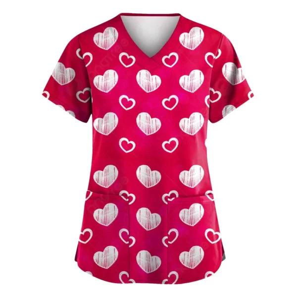 Women's Valentine's Day Printed  Uniform Work Uniform V-Neck Pocket Protective - Image 20