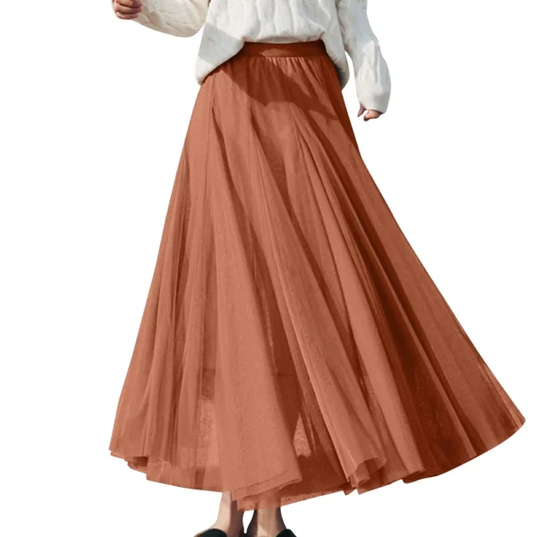 Women's Solid Color Mesh Skirt With Elastic Band Large Swing Mid Length Skirt - Image 9