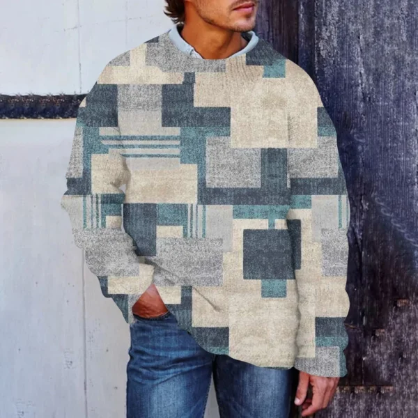 Men'S Printed Synthetic Sweater Round Neck Sportswear Loose Long Sleeved Top - Image 22