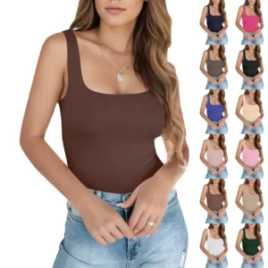 Women's Square Neck Tank Cute Summer Tops Seamless Slim Basic Sleeveless Shirt