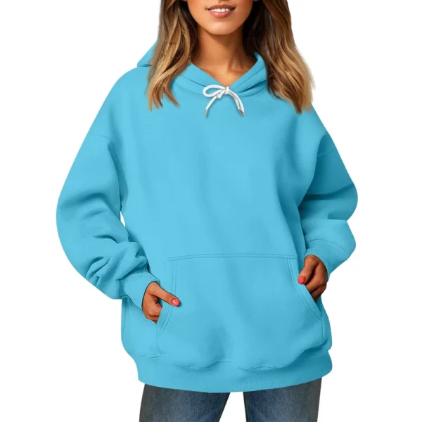 Ladies' Fashionable Casual Long Sleeved Round Neck Hooded Solid Color Hoodie - Image 56
