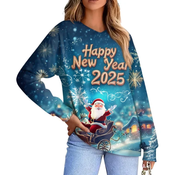 Women's Casual Fashion Comfortable Raglan Sleeve V-Neck Christmas Print - Image 6