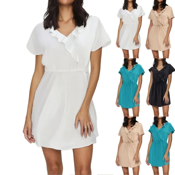 Women's Fashion Casual V-Neck Ruffle Tunic Dresses