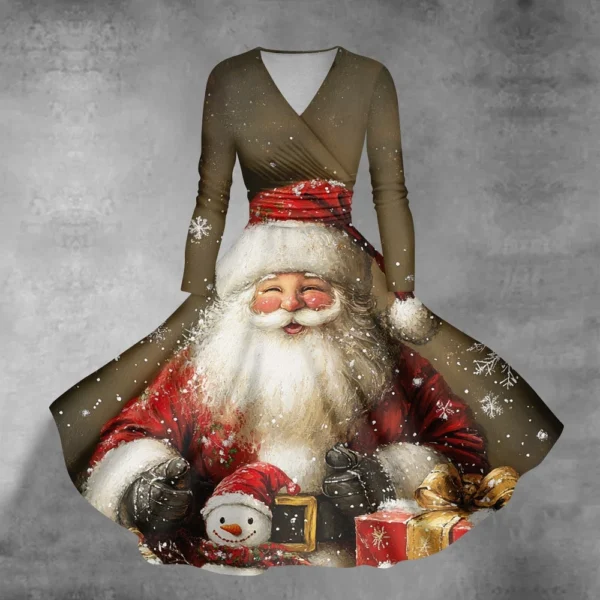 Women's Casual V-Neck Slim Fashion Christmas Long Sleeve Printed Dresses - Image 55