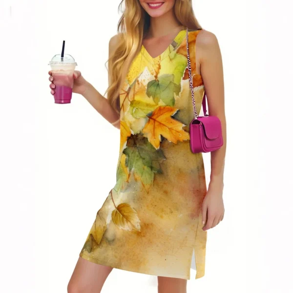 Women's Casual Fashion Sexy V-neck Sleeveless Floral Hem Slit Dress - Image 2