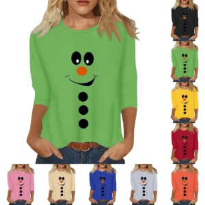 Women's Christmas Casual Round Neck T-Shirt Printed 3/4 Sleeve Loose Ladies Top