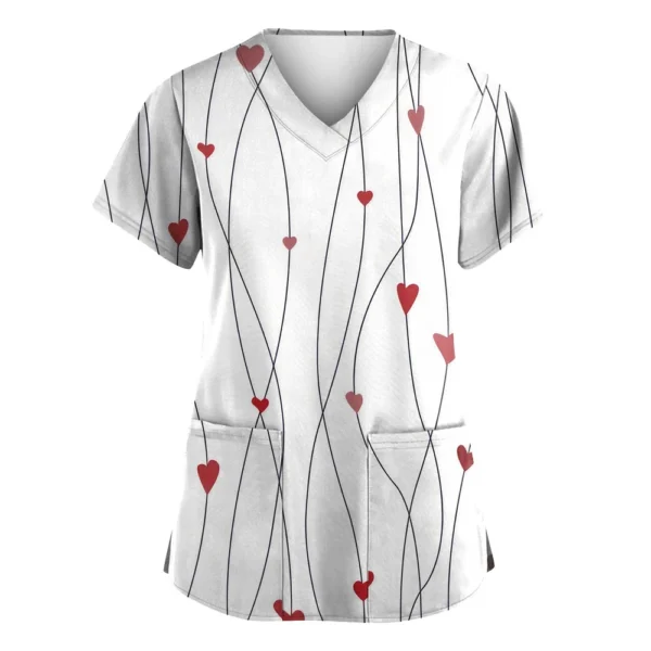 Women's Valentine's Day Printed  Uniform Work Uniform V-Neck Pocket Protective - Image 5