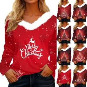 Women's Christmas Shirt Long Sleeve Top Fleece Collar Party V Neck T Shirt