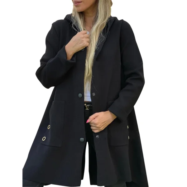 Women's Loose Casual Solid Color Single Breasted Hooded Jacket Woolen Coat Coat - Image 14