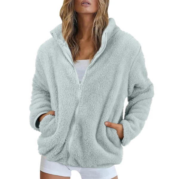 Women's Solid Color Loose High Neck Long Fleece Plush Warm Zipper Jacket - Image 28