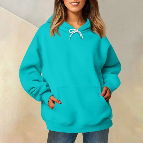 Ladies' Fashionable Casual Long Sleeved Round Neck Hooded Solid Color Hoodie - Image 25