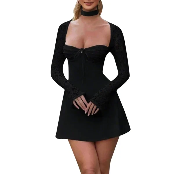 Women 's Elegant Lace Dress Lace Patchwork Long Sleeve Low Cut Dress Backless - Image 6