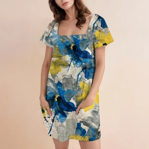 Women's Square Collar Short Sleeve Fashion Skirt Floral Print Pocket Casual - Image 28