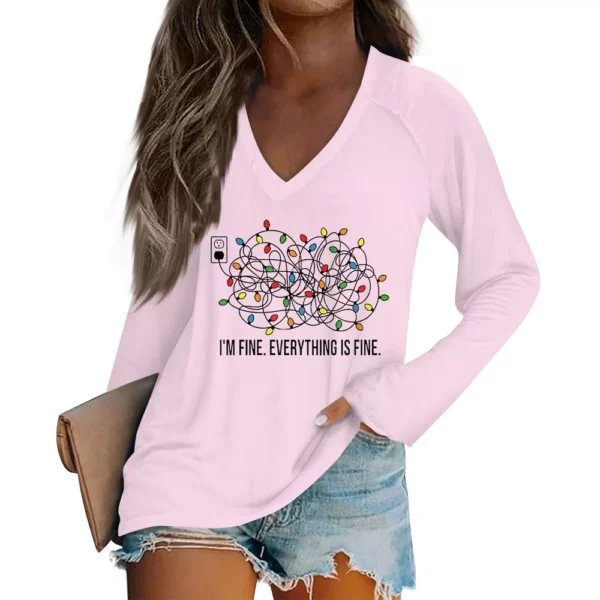 Women's Comfortable V-Neck Printed Long Sleeved Top Christmas Casual T-Shirt - Image 29