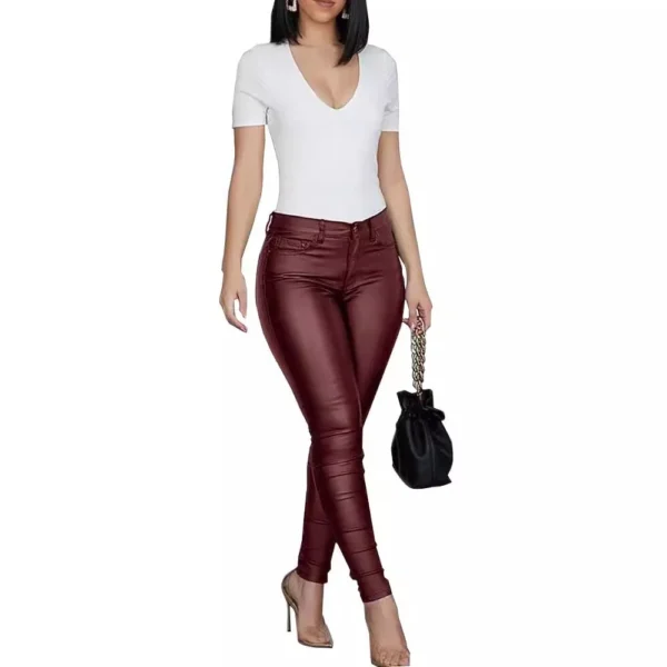 Solid color PU leather pants casual women's trousers - Image 3