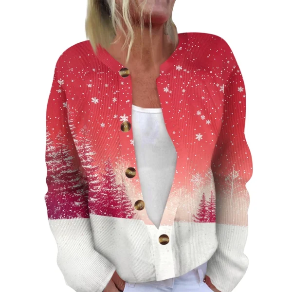 Women's Fashion Long Sleeve Christmas Snowman Snowflake Print Jacket Cardigan - Image 4