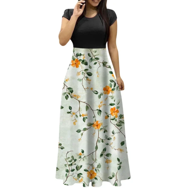 Women's Fashion Casual Loose Printed Round Neck Short Sleeve Long Dresses - Image 6