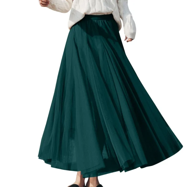 Women's Solid Color Mesh Skirt With Elastic Band Large Swing Mid Length Skirt - Image 10