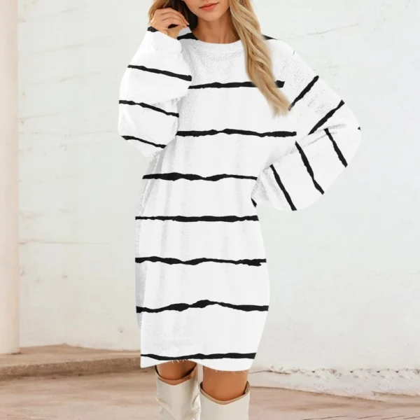 Women's Round Neck Casual Long Sleeve Plush Gradient Stripe Dresses - Image 45