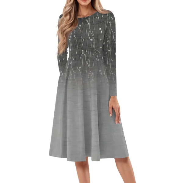 Women's Casual Fashion Round Neck Long Sleeve Print Midi Dress - Image 23