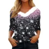 Women's V Neck Christmas Party Top Fleece Collar Shirt Long Sleeve T Shirt - Image 8