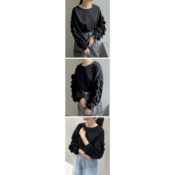 Crew neck solid color loose casual long-sleeved women's top - Image 10