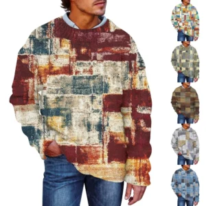 Men'S Printed Synthetic Sweater Round Neck Sportswear Loose Long Sleeved Top