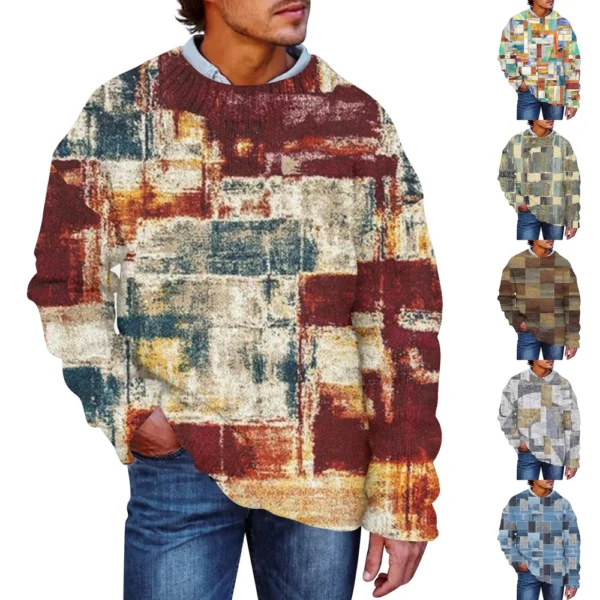 Men'S Printed Synthetic Sweater Round Neck Sportswear Loose Long Sleeved Top