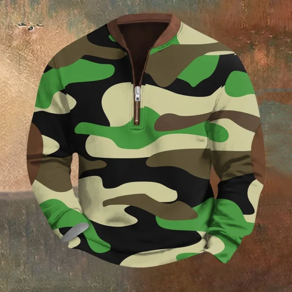 Men's Fashion Casual Half Zip Neck Loose Long Sleeve Camouflage Sweatshirt - Image 22
