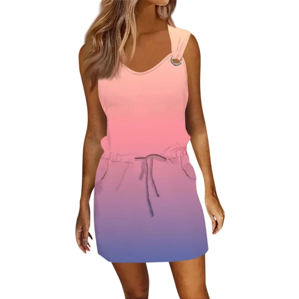 Women's Fashion Casual Printed Sleeveless Drawstring Dress With Pockets - Image 2