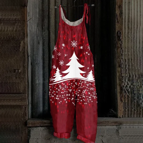 Women's Loose Vintage Shoulder Strap Print Casual Jumpsuit Christmas - Image 25
