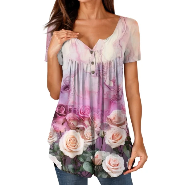 Women Tunic Tops Dressy Casual Summer Short Sleeve Shirts Loose Fit Pleated - Image 2