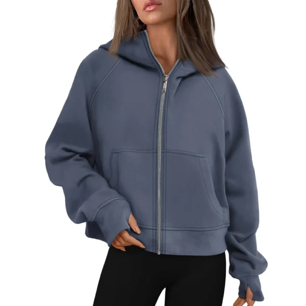 Women's Solid Color Zip-up Collar Hoodie With Sleeves And Fleece Hoodie Coat - Image 34