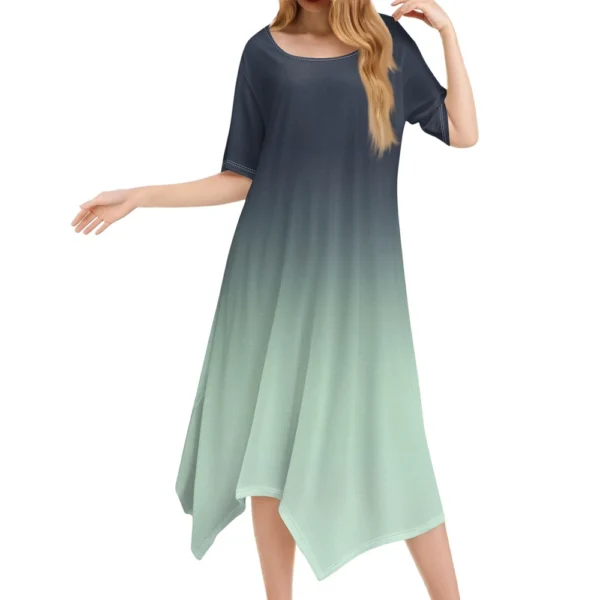 Women's Casual Fashion Round Neck Short Sleeve Print Irregular Hem Midi Dress - Image 11