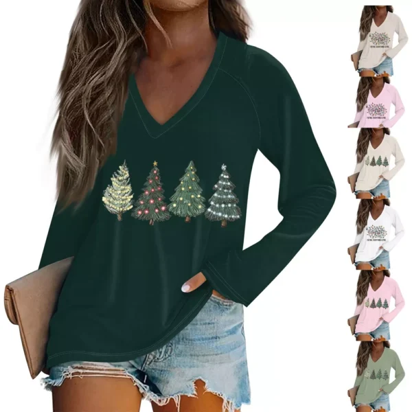 Women's Comfortable V-Neck Printed Long Sleeved Top Christmas Casual T-Shirt