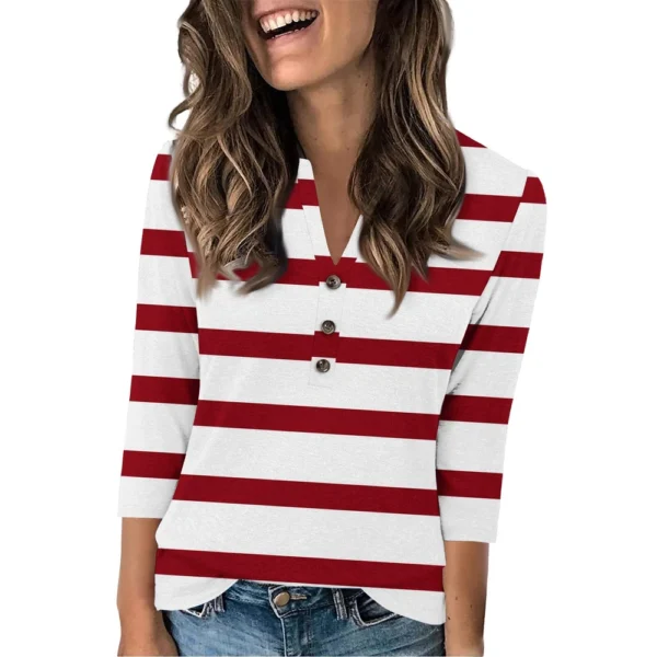 Women's Fashion Casual Loose 3/4 Sleeve Striped Printed Round Neck Top - Image 4