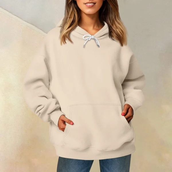 Ladies' Fashionable Casual Long Sleeved Round Neck Hooded Solid Color Hoodie - Image 43