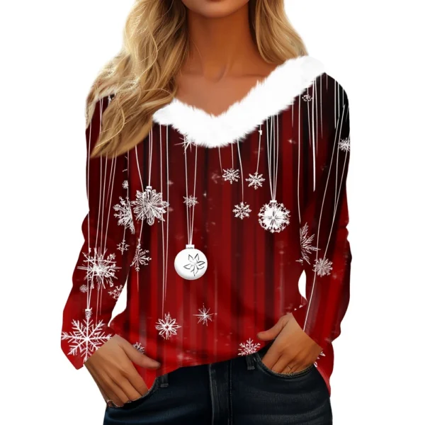 Women's Christmas Party V Neck T Shirt Fleece Collar Shirt Long Sleeve Top - Image 38