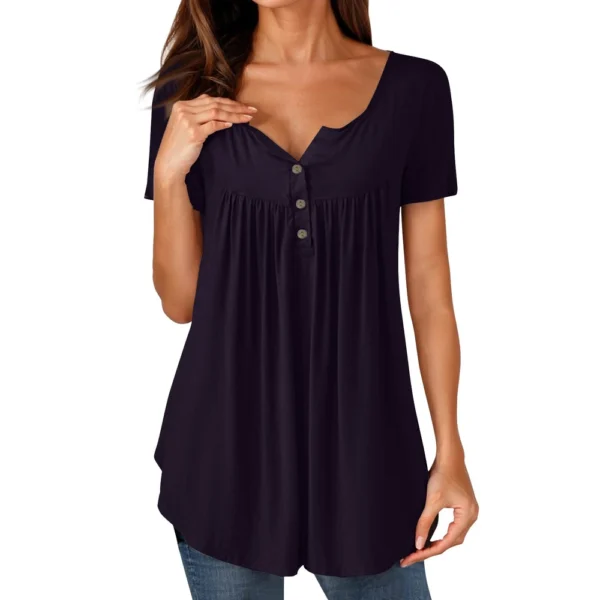 Women Tunic Tops Dressy Casual Summer Short Sleeve Shirts Loose Fit Pleated - Image 20