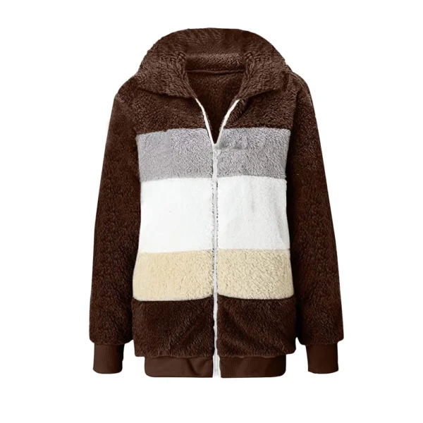 Women's Casual Color Blocking Loose Plush Zippered Flip Collar Jacket With - Image 11