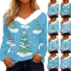 Women's Christmas Shirt Fleece Collar T Shirt Party V Neck Long Sleeve Top
