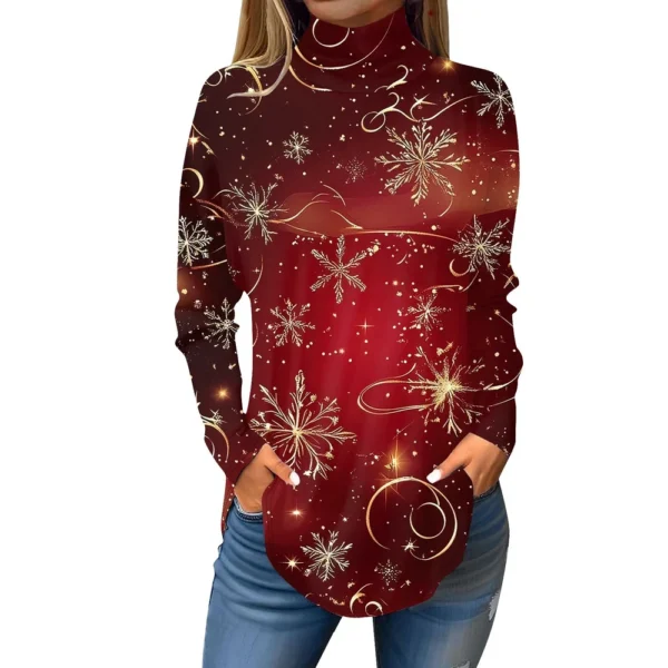 Women's Casual Christmas High Neck Pullover Long Sleeve Fashion Printed T-Shirt - Image 32