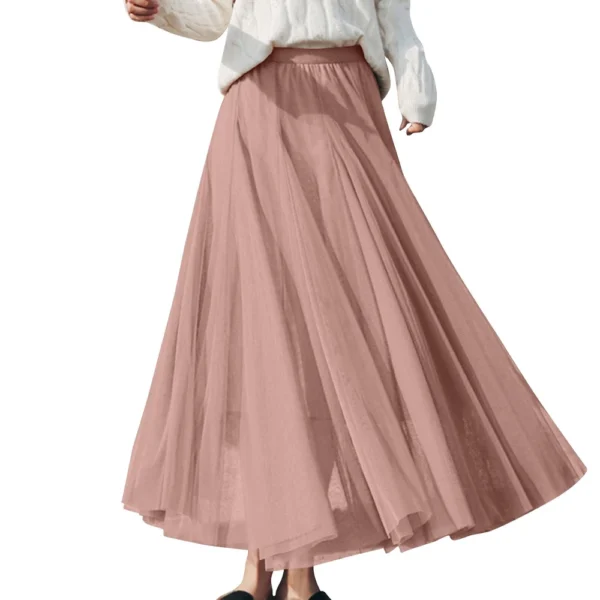 Women's Solid Color Mesh Skirt With Elastic Band Large Swing Mid Length Skirt - Image 29