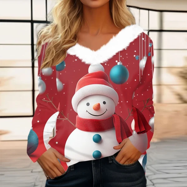 Women's Long Sleeve Christmas Printed Party Plush Neck Wide Casual V-Neck Top - Image 31