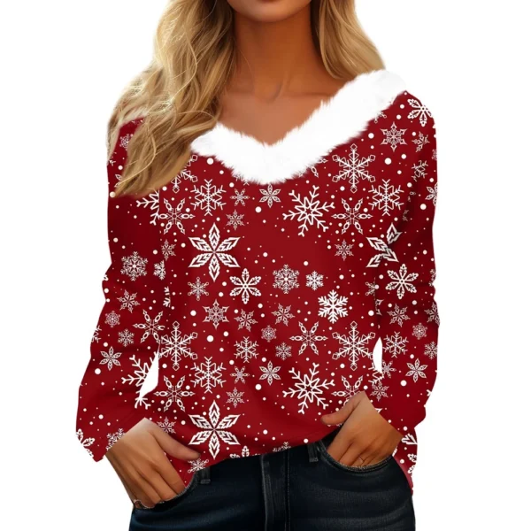 Women's Christmas Long Sleeve Shirt Top V Neck Party Fleece Collar T Shirt - Image 32